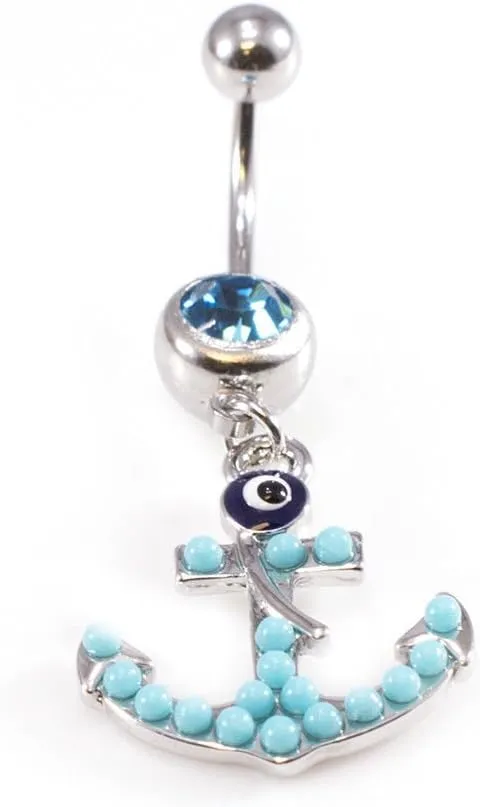 Belly Button Ring with Aqua Jewel and Unique Owl, Anchor, Hamsa Hand, Infinite Love and Owl Navel Dangle Design