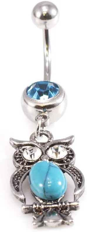 Belly Button Ring with Aqua Jewel and Unique Owl, Anchor, Hamsa Hand, Infinite Love and Owl Navel Dangle Design