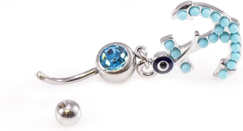 Belly Button Ring with Aqua Jewel and Unique Owl, Anchor, Hamsa Hand, Infinite Love and Owl Navel Dangle Design