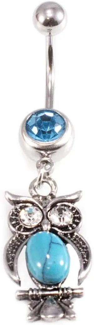 Belly Button Ring with Aqua Jewel and Unique Owl, Anchor, Hamsa Hand, Infinite Love and Owl Navel Dangle Design