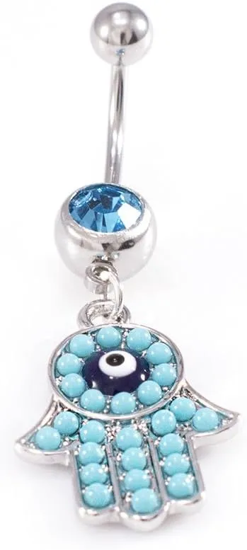 Belly Button Ring with Aqua Jewel and Unique Owl, Anchor, Hamsa Hand, Infinite Love and Owl Navel Dangle Design