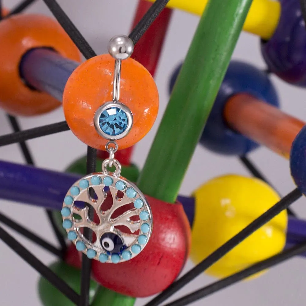 Belly Button Ring with Aqua Jewel and Unique Owl, Anchor, Hamsa Hand, Infinite Love and Owl Navel Dangle Design