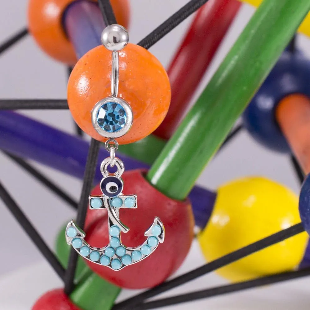 Belly Button Ring with Aqua Jewel and Unique Owl, Anchor, Hamsa Hand, Infinite Love and Owl Navel Dangle Design