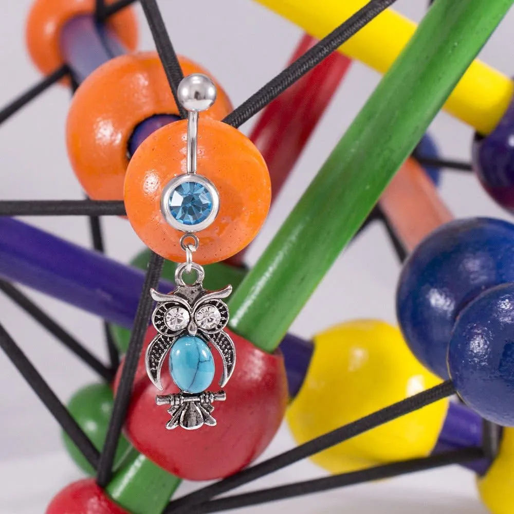 Belly Button Ring with Aqua Jewel and Unique Owl, Anchor, Hamsa Hand, Infinite Love and Owl Navel Dangle Design