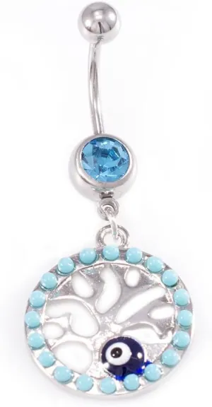 Belly Button Ring with Aqua Jewel and Unique Owl, Anchor, Hamsa Hand, Infinite Love and Owl Navel Dangle Design