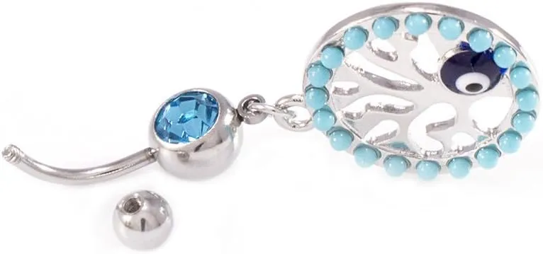Belly Button Ring with Aqua Jewel and Unique Owl, Anchor, Hamsa Hand, Infinite Love and Owl Navel Dangle Design