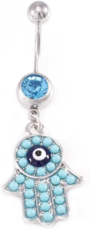 Belly Button Ring with Aqua Jewel and Unique Owl, Anchor, Hamsa Hand, Infinite Love and Owl Navel Dangle Design
