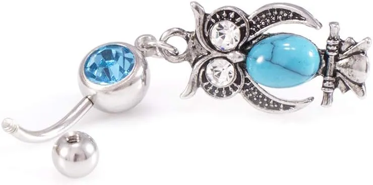 Belly Button Ring with Aqua Jewel and Unique Owl, Anchor, Hamsa Hand, Infinite Love and Owl Navel Dangle Design
