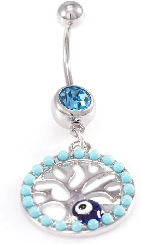 Belly Button Ring with Aqua Jewel and Unique Owl, Anchor, Hamsa Hand, Infinite Love and Owl Navel Dangle Design