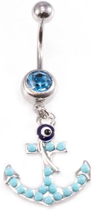 Belly Button Ring with Aqua Jewel and Unique Owl, Anchor, Hamsa Hand, Infinite Love and Owl Navel Dangle Design