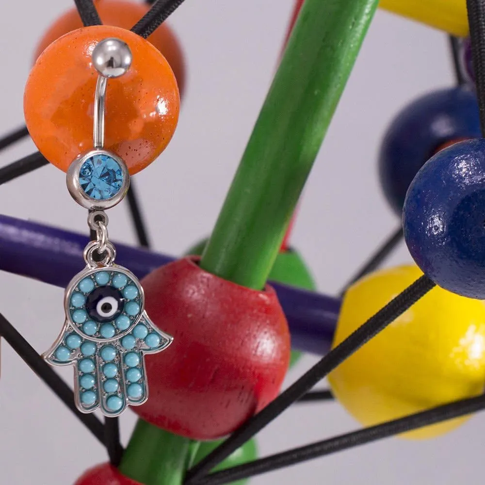 Belly Button Ring with Aqua Jewel and Unique Owl, Anchor, Hamsa Hand, Infinite Love and Owl Navel Dangle Design