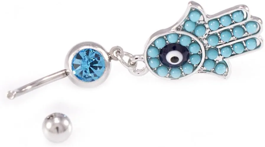 Belly Button Ring with Aqua Jewel and Unique Owl, Anchor, Hamsa Hand, Infinite Love and Owl Navel Dangle Design