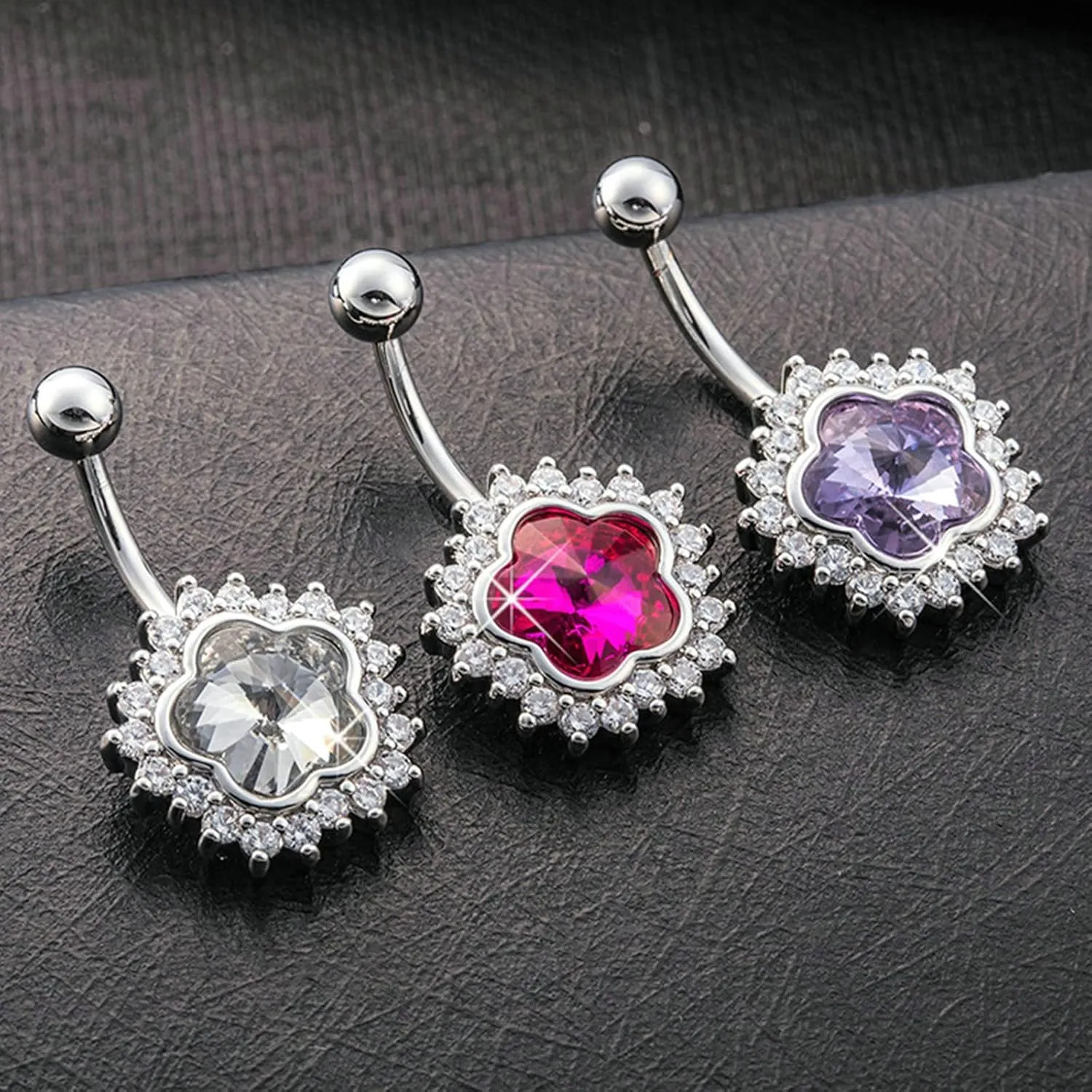 Belly Button Rings Unique, Flower Stainless Steel Navel Ring Cubic Zirconia Stud Unique Belly Rings for Women
