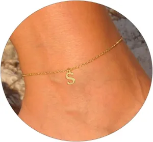 BERISO Ankle Bracelets for Women 14k Gold Plated Waterproof Letter Dainty Initial Anklets for Women Adjustable Size Jewelry Gifts for Women