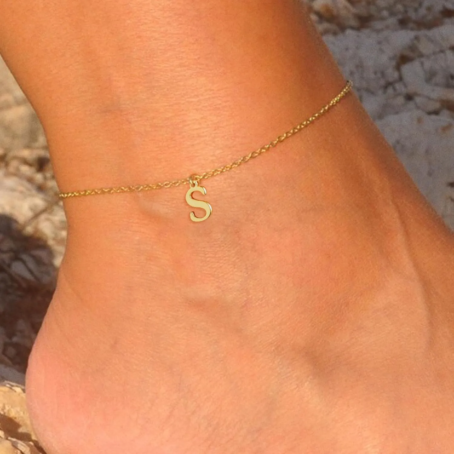 BERISO Ankle Bracelets for Women 14k Gold Plated Waterproof Letter Dainty Initial Anklets for Women Adjustable Size Jewelry Gifts for Women