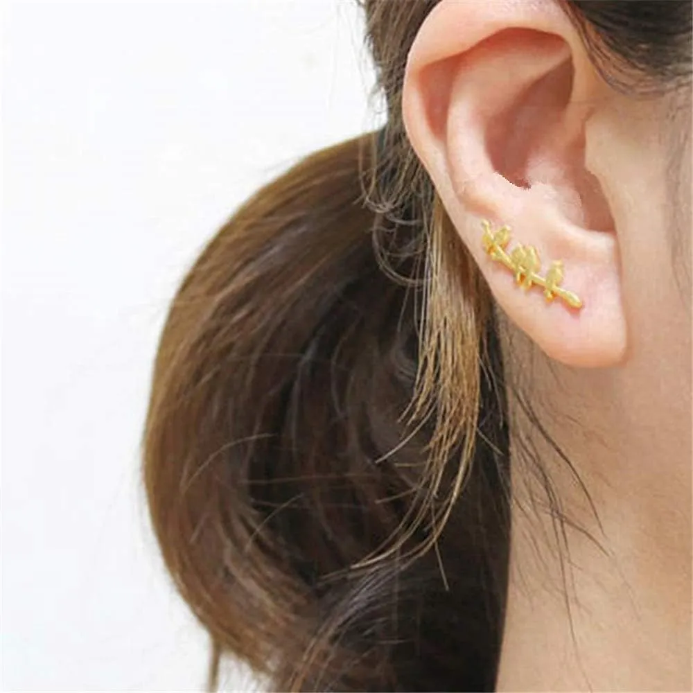Bird Ear Cuff Wrap Crawler Climber Earrings for Women Girls S925 Sterling Silver Brushed Little Birds Stand on Tree Branch Stud Clip on Post Pin Earrings Delicate Lightweight Jewelry