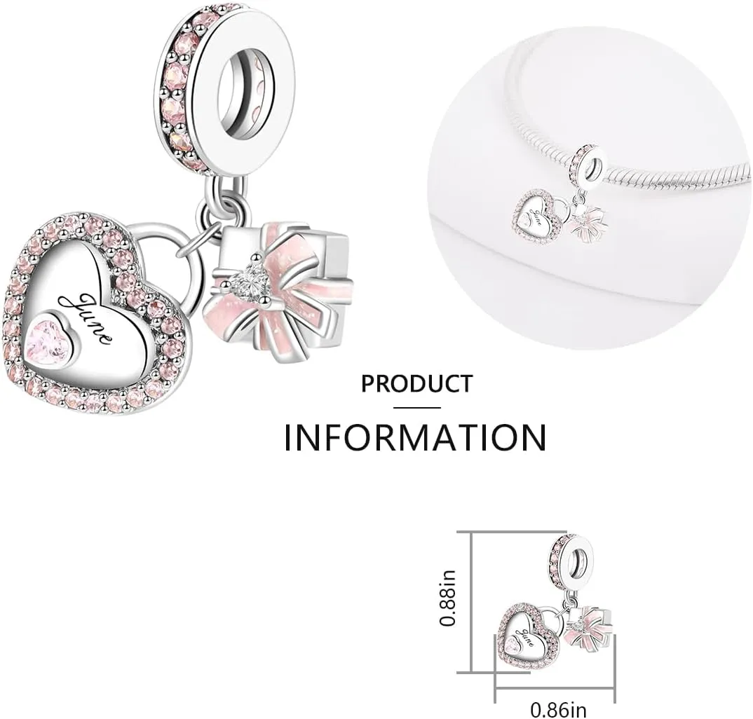 Birthstone Charms for Bracelet 925 Sterling Silver Heart Gift Box Dangle Pendants Birthday Mother's Day Christmas Jewelry Gifts For Women