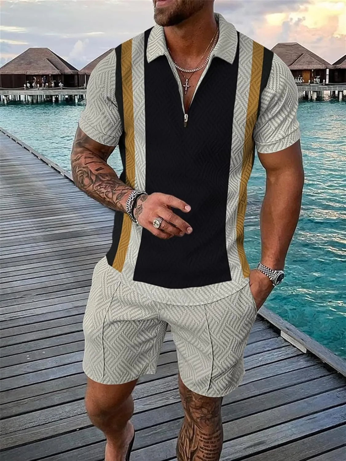 BIRW Men‘s Track Suits 2 Piece Summer Short Sets Outfits Fashion Polo Shirt Casual Short Sleeve and Shorts set