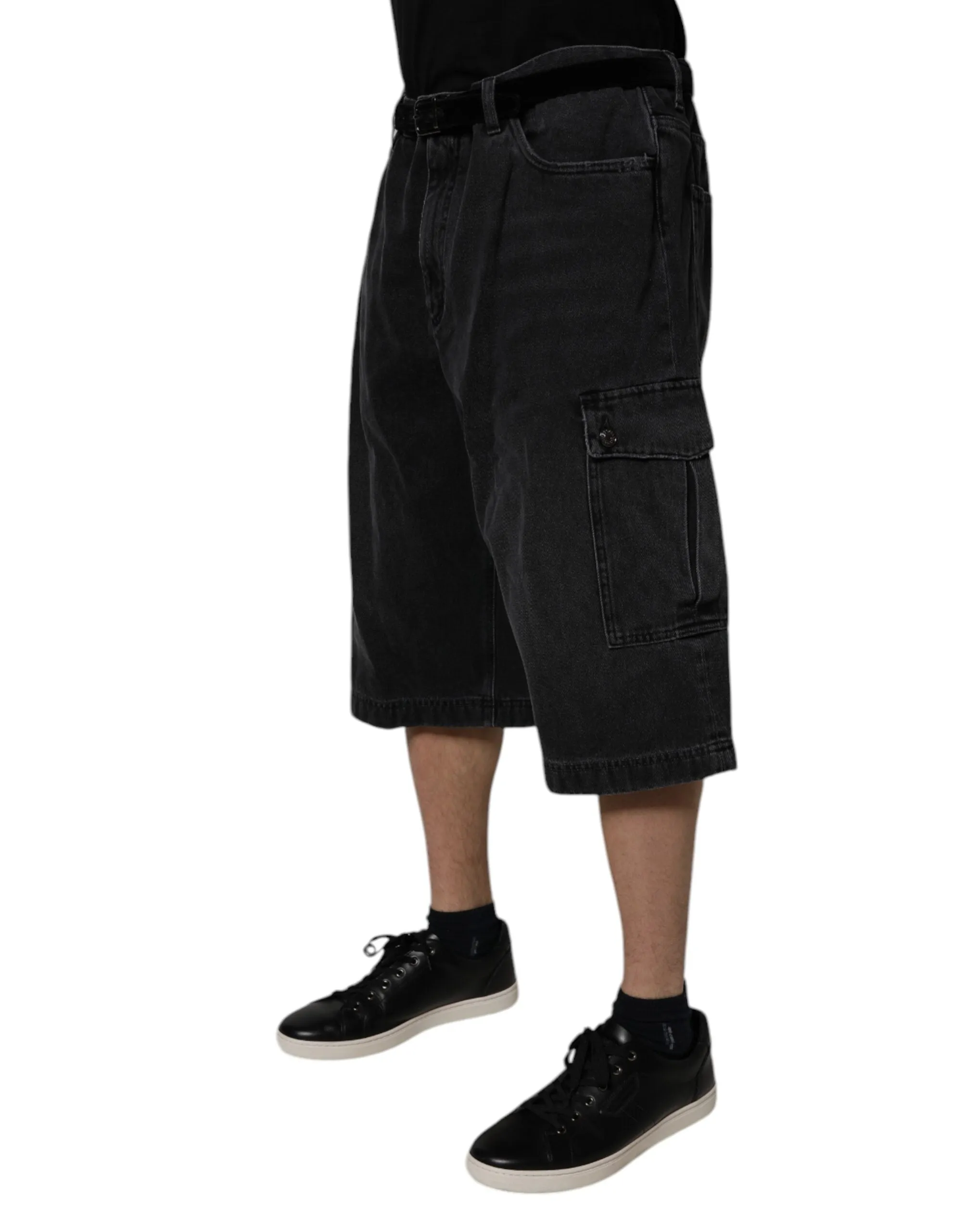 Black Cotton Cargo Denim Men Bermuda Shorts