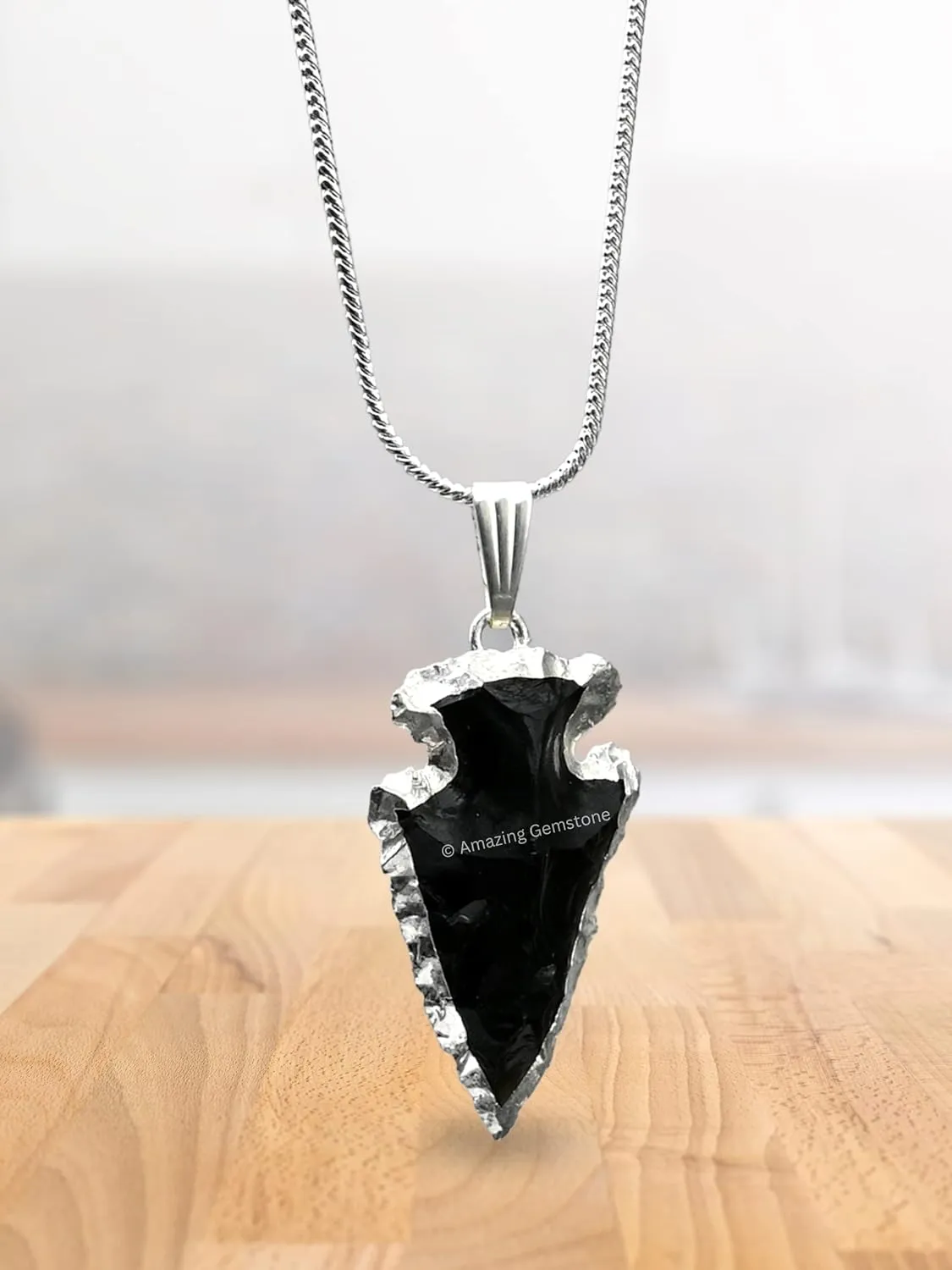 Black Obsidian Arrowhead Necklace for Men Women - Men's Necklaces Arrow Heads Healing Crystal Necklace - Gifts for Men, Teen Boys - Stocking Stuffers for Men (Silver Edged)