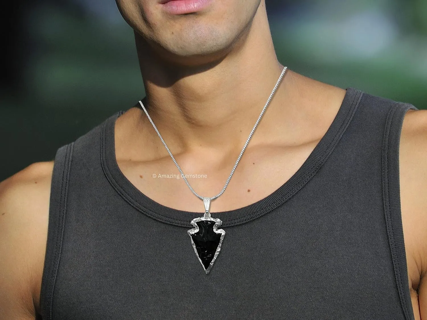 Black Obsidian Arrowhead Necklace for Men Women - Men's Necklaces Arrow Heads Healing Crystal Necklace - Gifts for Men, Teen Boys - Stocking Stuffers for Men (Silver Edged)