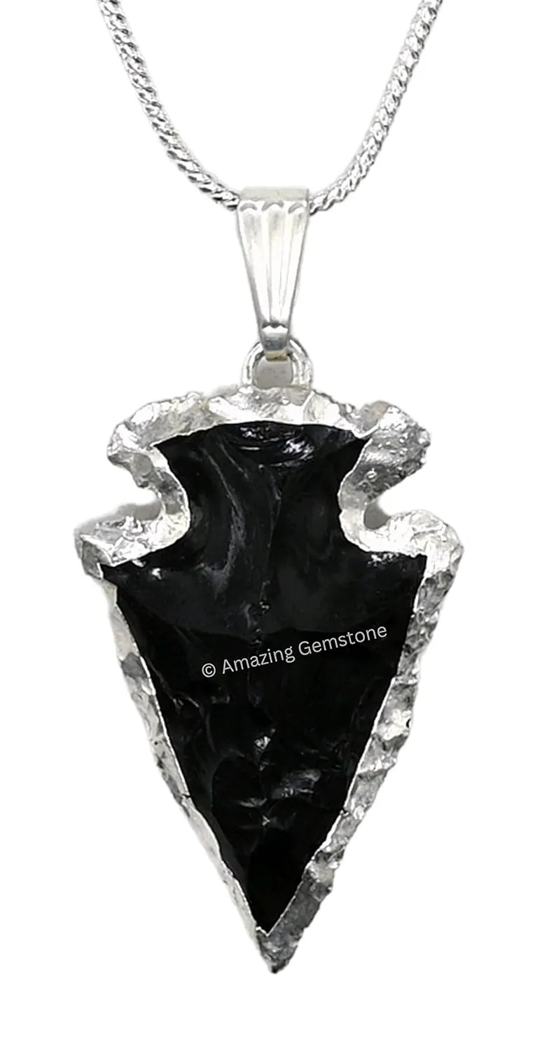 Black Obsidian Arrowhead Necklace for Men Women - Men's Necklaces Arrow Heads Healing Crystal Necklace - Gifts for Men, Teen Boys - Stocking Stuffers for Men (Silver Edged)