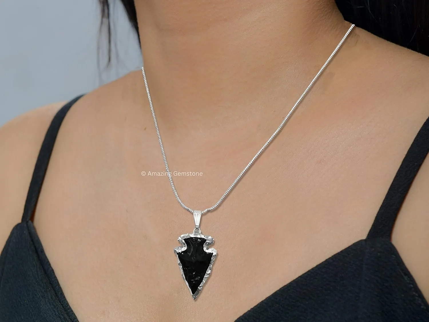 Black Obsidian Arrowhead Necklace for Men Women - Men's Necklaces Arrow Heads Healing Crystal Necklace - Gifts for Men, Teen Boys - Stocking Stuffers for Men (Silver Edged)