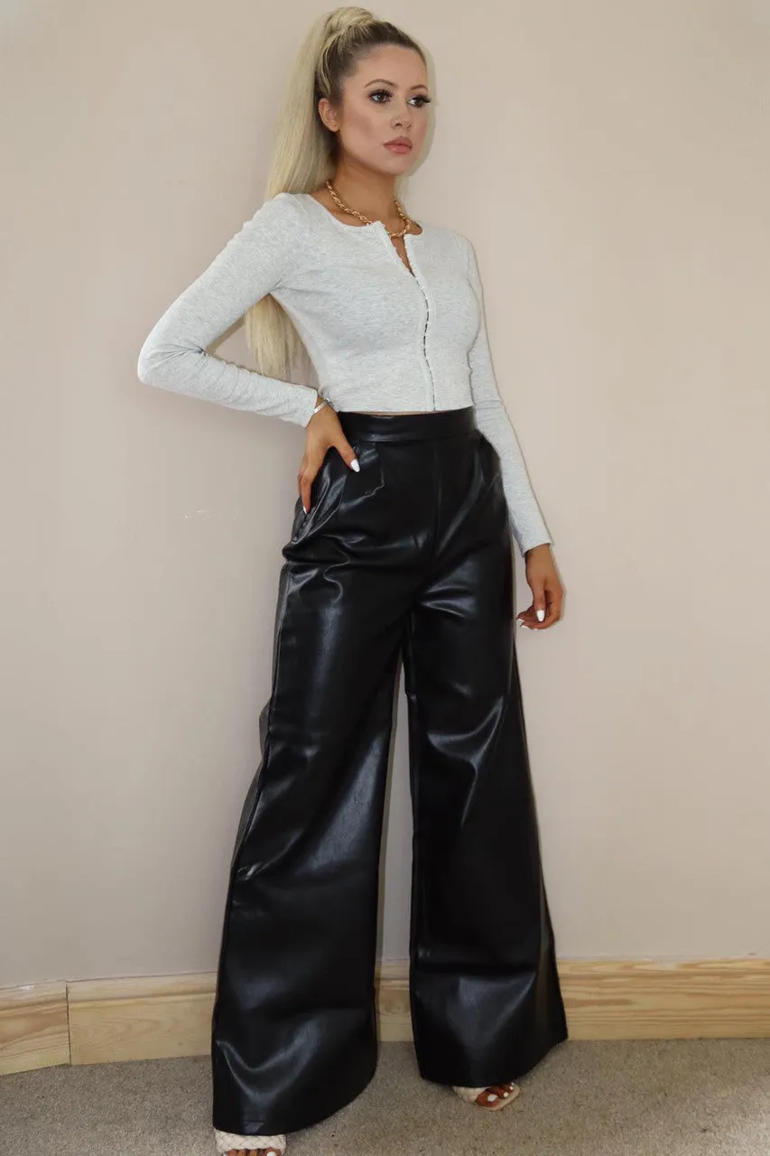 Black PU Leather Look Wide Leg Trousers