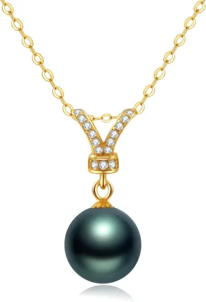 Black Tahitian Cultured Real Pearl Pendant Necklaces for Women with Genuine AAA Quality 9-10mm Pearls | Platinum Gold Plated 925 Sterling Silver Necklace Fine Jewelry Gifts