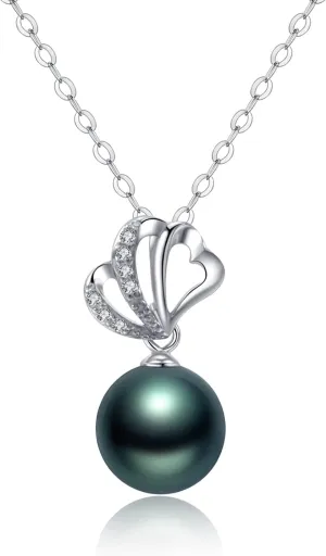 Black Tahitian Cultured Real Pearl Pendant Necklaces for Women with Genuine AAA Quality 9-10mm Pearls | Platinum Gold Plated 925 Sterling Silver Necklace Fine Jewelry Gifts