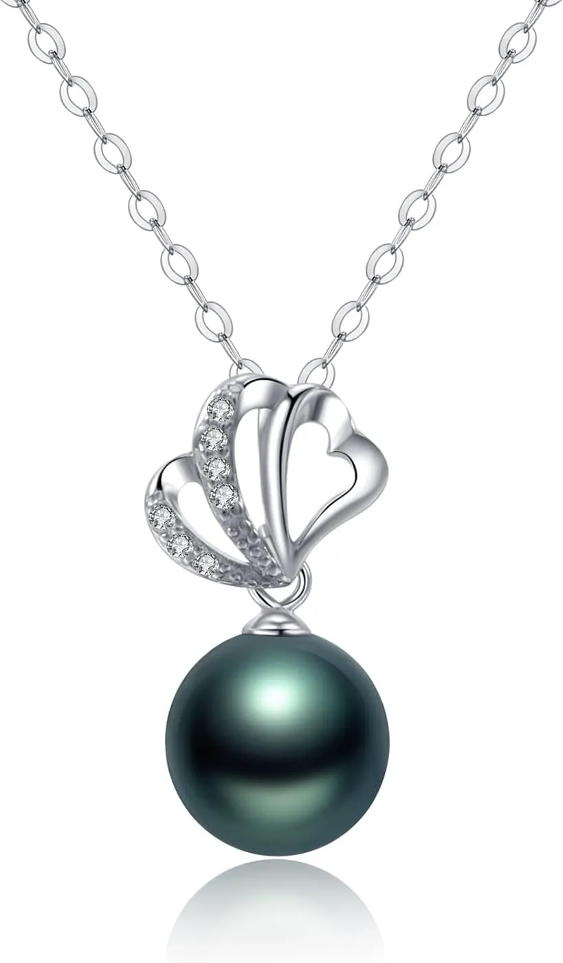 Black Tahitian Cultured Real Pearl Pendant Necklaces for Women with Genuine AAA Quality 9-10mm Pearls | Platinum Gold Plated 925 Sterling Silver Necklace Fine Jewelry Gifts