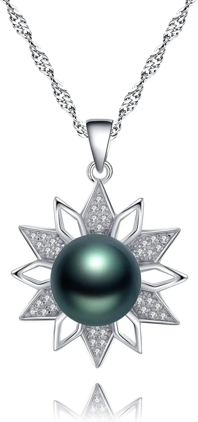 Black Tahitian Cultured Real Pearl Pendant Necklaces for Women with Genuine AAA Quality 9.5mm Pearls | Platinum Gold Plated 925 Sterling Silver Necklace Fine Jewelry Gifts