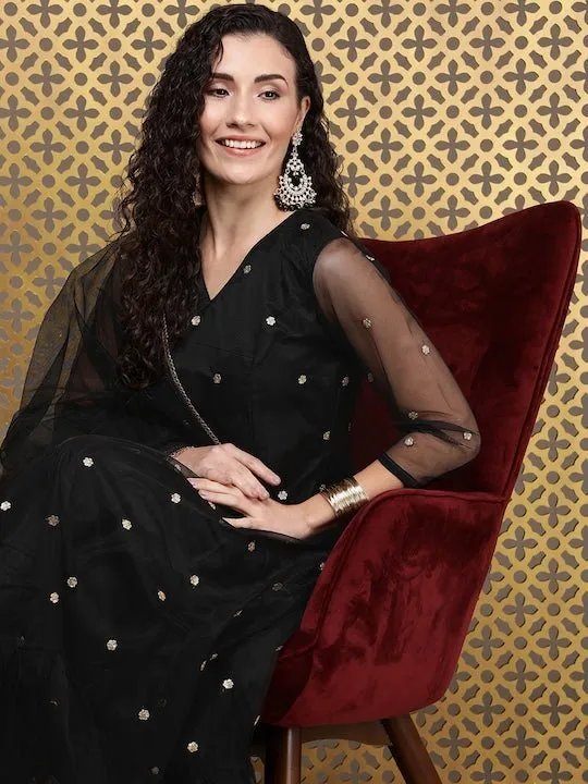 Black Women Floral Embroidered Regular Sequinned Kurta with Trousers & With Dupatta