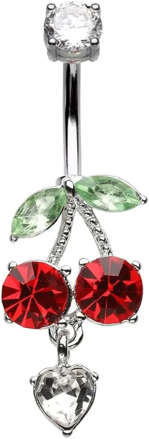 Bling Cherries Cherry Drop Heart Gem Cubic Zirconia Navel Dangle Belly Button Ring