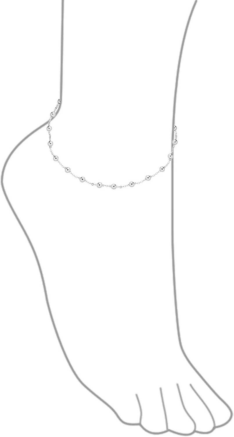 Bling Jewelry Delicate Sturdy Simple 1.5-3MM Oval & Round Multi Stand Station Bead Ball Chain Anklet Ankle Bracelet For Women Teens .925 Sterling Silver 9-10 Inch Adjustable