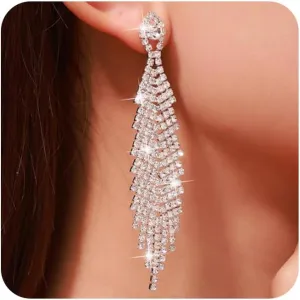 Bling Rhinestone Dangle Earrings for Women Long Tassel Crystal Chandelier Earrings Bar Disco Prom Earrings Wedding Jewelry
