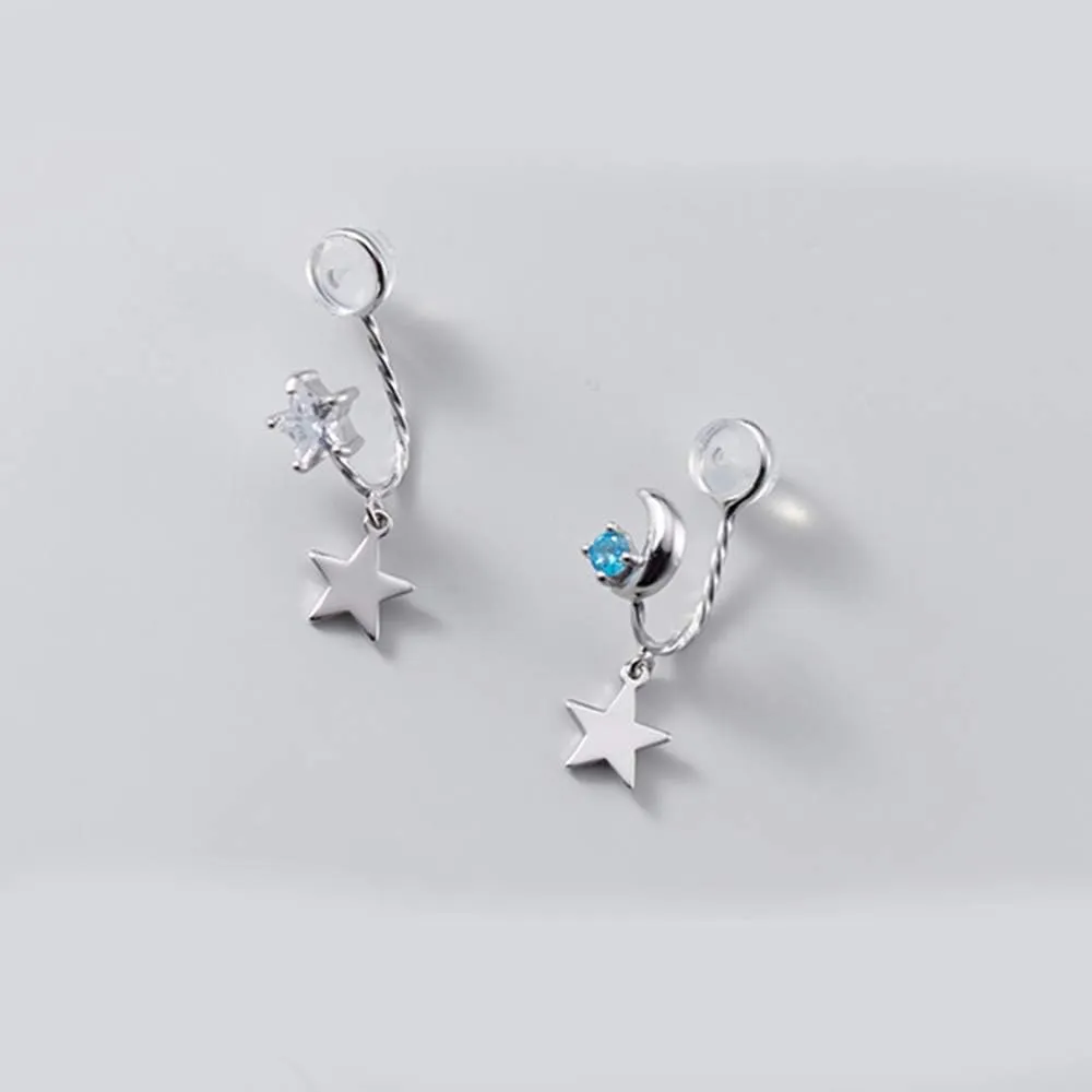 Blue CZ Moon Star Asymmetric Clip On Dangle Drop Cuff Earrings for Women Teen Girls Cartilage No Piercing Ear S925 Sterling Silver Cute Fake Hoop Hypoallergenic Gifts Daughter