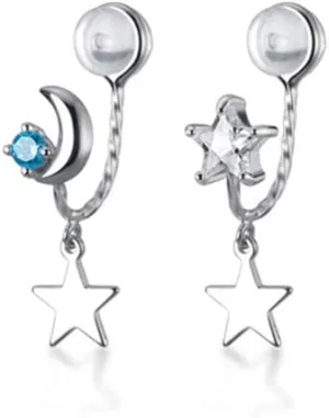Blue CZ Moon Star Asymmetric Clip On Dangle Drop Cuff Earrings for Women Teen Girls Cartilage No Piercing Ear S925 Sterling Silver Cute Fake Hoop Hypoallergenic Gifts Daughter