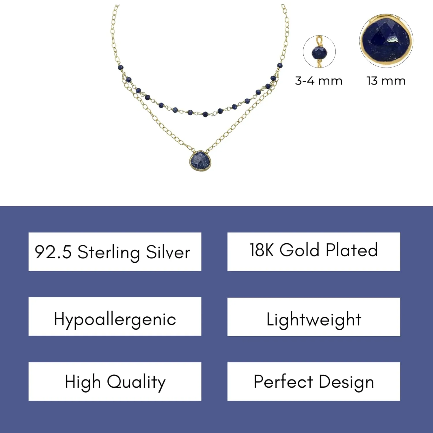 Blue Sapphire Layering Necklace for Women, Premium Layered Gold Necklaces - Tarnish Free 18K Gold Plated Certified S925 Classic Stack Necklace Gold Jewelry for Women - Mothers Day Gifts for Mom Wife