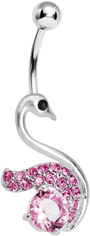 Body Candy Womens Pink Graceful Paved Swan Belly Ring