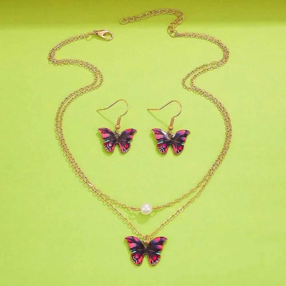 Bohemia Butterfly Necklace Set Colorful Acrylic Butterfly Pearl Multi layer Pendant Necklace Sets Little Butterfly Cute Delicate Jewelry for Women Chain Pendant Necklace Set