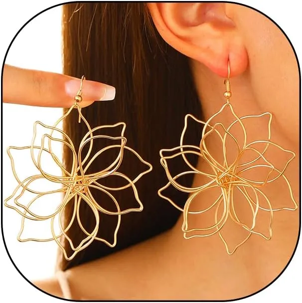Bohemian Flower Statement Dangle Earrings Charm 14K Gold Large Daisy Hook Earrings Trendy Handmade Wire Wrap Floral Dangling Earrings for Women