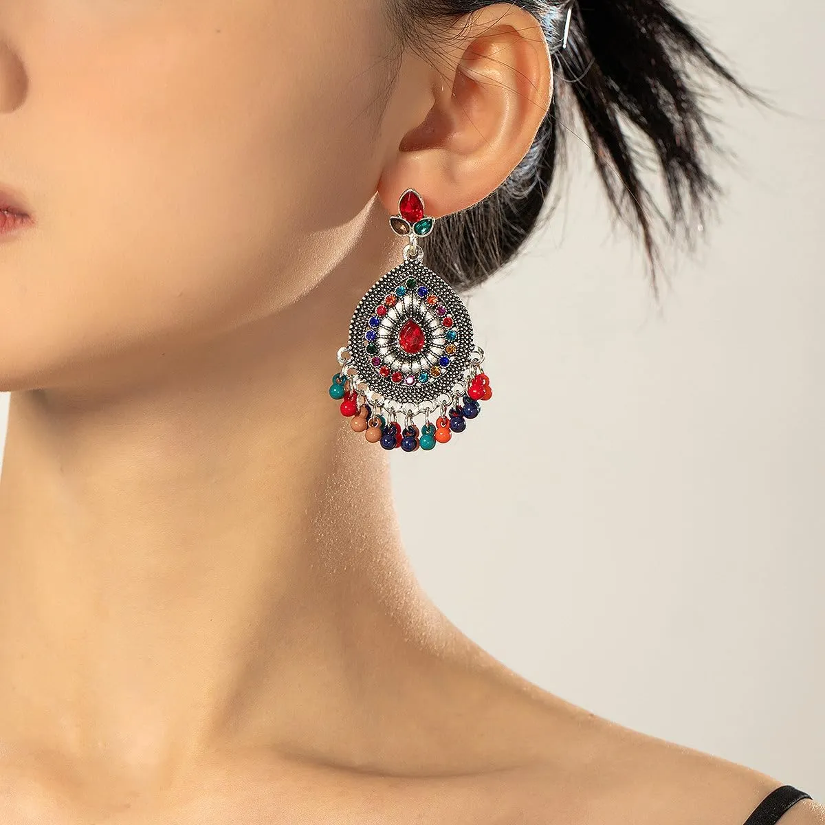 Boho Indian Bell Dangle Drop Studs Earrings for Women Vintage Ethnic Chandelier Teardrop Hollow Earrings Traditional Earring Jewelry Statement