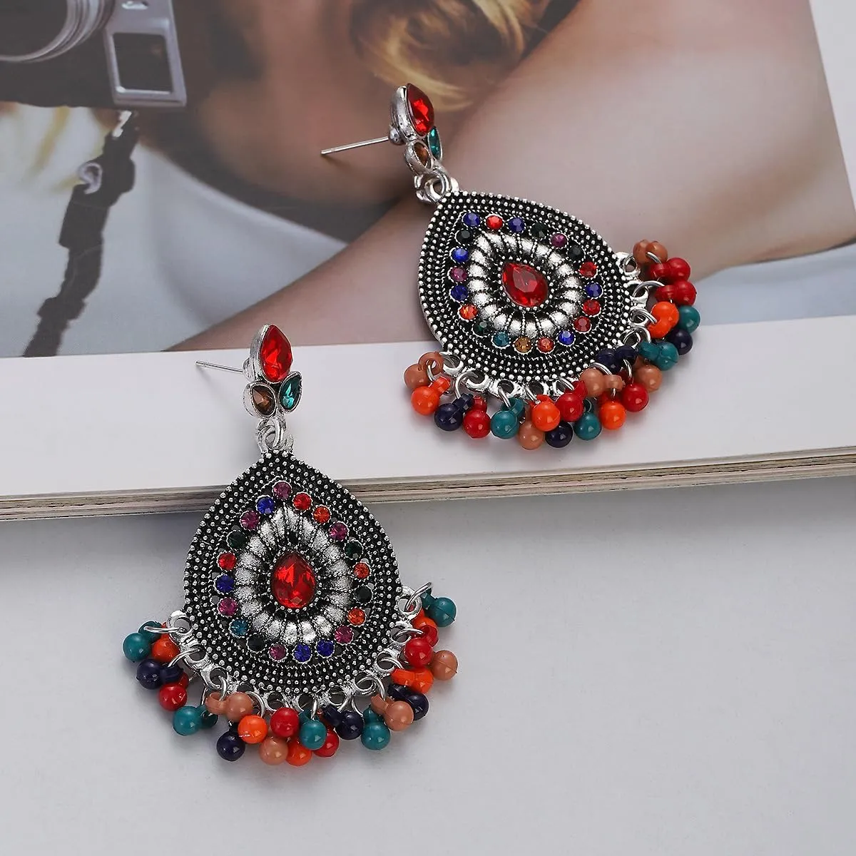 Boho Indian Bell Dangle Drop Studs Earrings for Women Vintage Ethnic Chandelier Teardrop Hollow Earrings Traditional Earring Jewelry Statement
