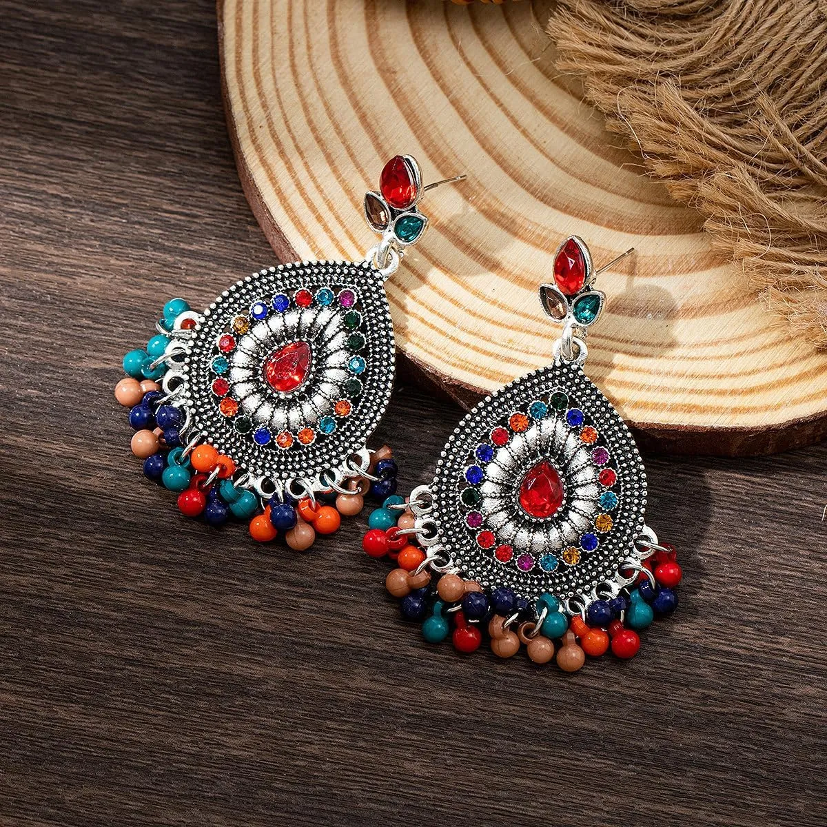 Boho Indian Bell Dangle Drop Studs Earrings for Women Vintage Ethnic Chandelier Teardrop Hollow Earrings Traditional Earring Jewelry Statement