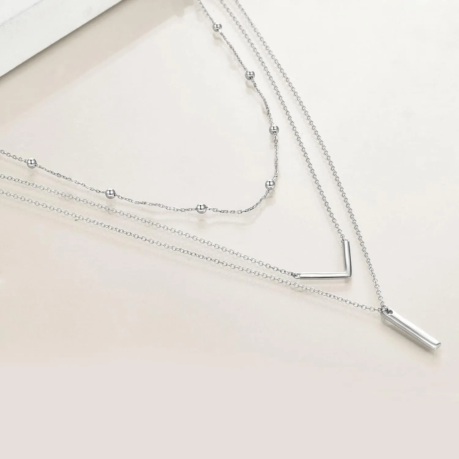 Boho Layered Necklace Sterling Silver Triple 3 Stacked Vertical Bar Triangle Long Layering Necklaces Christmas Jewelry Gifts for Women