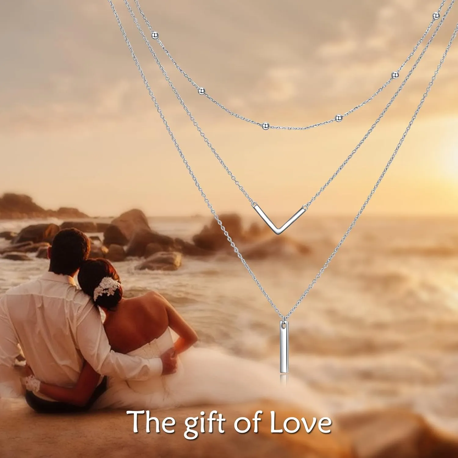 Boho Layered Necklace Sterling Silver Triple 3 Stacked Vertical Bar Triangle Long Layering Necklaces Christmas Jewelry Gifts for Women