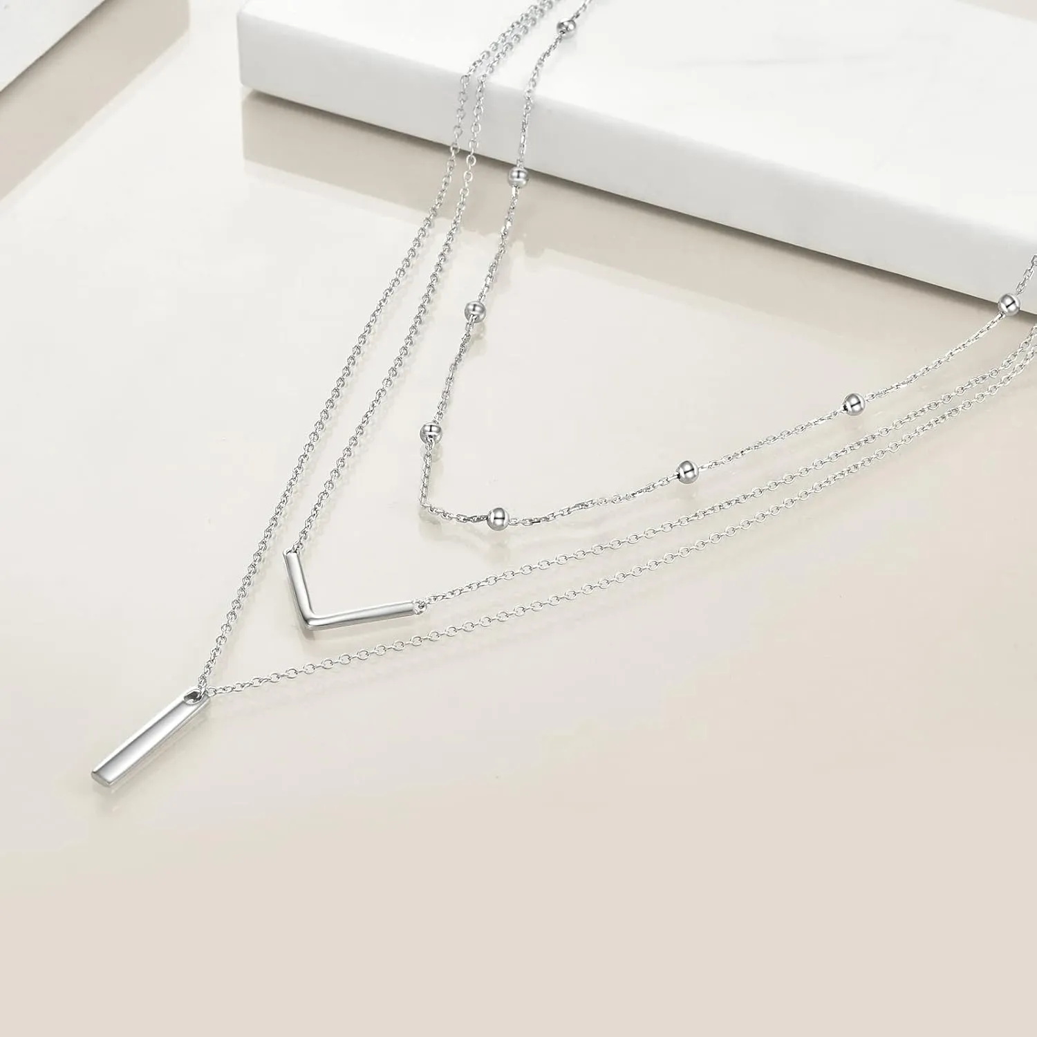 Boho Layered Necklace Sterling Silver Triple 3 Stacked Vertical Bar Triangle Long Layering Necklaces Christmas Jewelry Gifts for Women