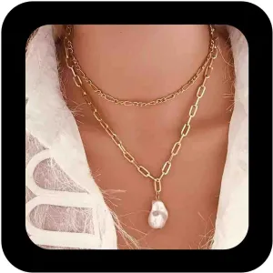 Boho Pearl Pendant Necklace Layered Pearl Necklaces Gold Paperclip Chain Necklace Baroque Pearl Choker Necklace Chunky Chain Jewelry for Women