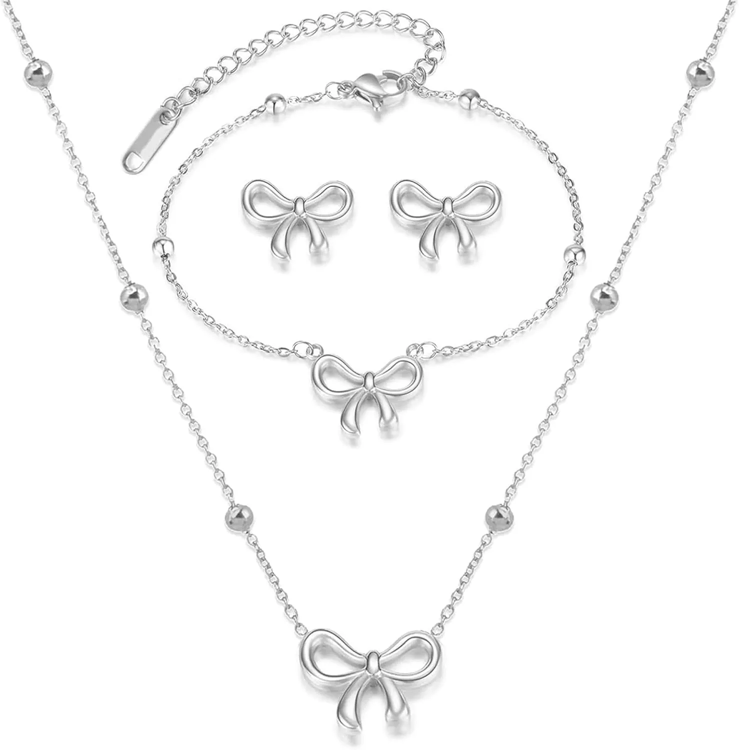 Bow Necklace Earrings Set for Women Bow Jewelry Trendy Rhinestone Bowknot Pendant Necklace Gold Silver Bow Earrings Christmas Gifts for Stocking Stuffers